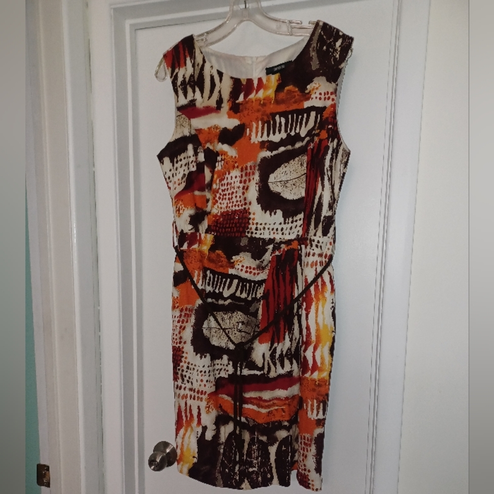 Chapter One Abstract Sleeveless Dress in Orange and Brown. US 12.